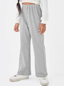 SHEIN Girls Solid Elastic Waist Joggers - Light Grey - View 5