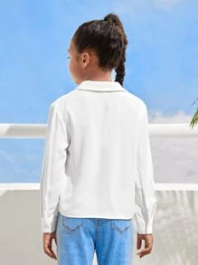 SHEIN Koszula dziewczęca w stylu casual, minimalistyczna, tkana, z długim rękawem, w jednolitym kolorze - Biały - Zobacz 2