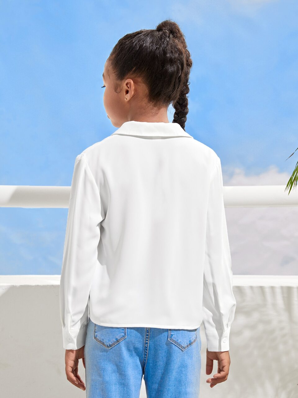 Tween Girls' Casual Minimalist Woven Long Sleeve Solid Color Shirt