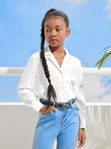 SHEIN Koszula dziewczęca w stylu casual, minimalistyczna, tkana, z długim rękawem, w jednolitym kolorze - Biały - Zobacz 3