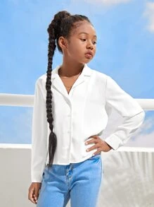 SHEIN Koszula dziewczęca w stylu casual, minimalistyczna, tkana, z długim rękawem, w jednolitym kolorze - Biały - Zobacz 4