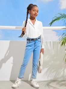 SHEIN Koszula dziewczęca w stylu casual, minimalistyczna, tkana, z długim rękawem, w jednolitym kolorze - Biały - Zobacz 5