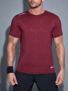 SHEIN Fitness Boyfriend Style Men Reflective Letter Graphic Sports Tee Compression Shirt Men - Burgundy - View 3