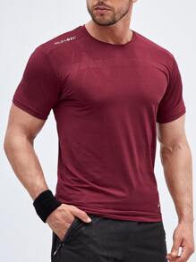 SHEIN Fitness Boyfriend Style Men Reflective Letter Graphic Sports Tee Compression Shirt Men - Burgundy - View 6