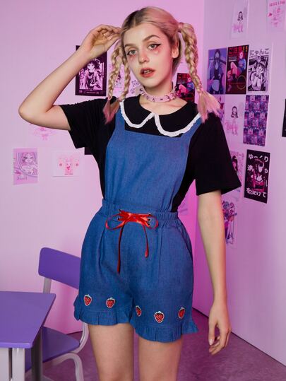 Strawberry Embroidery Ruffle Hem Romper