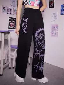ROMWE Anime 人像圖案闊腿牛仔褲 - 黑色 - 查看 1