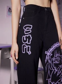 ROMWE Anime 人像圖案闊腿牛仔褲 - 黑色 - 查看 3