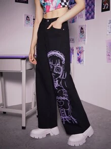 ROMWE Anime 人像圖案闊腿牛仔褲 - 黑色 - 查看 4