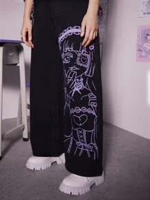 ROMWE Anime 人像圖案闊腿牛仔褲 - 黑色 - 查看 5