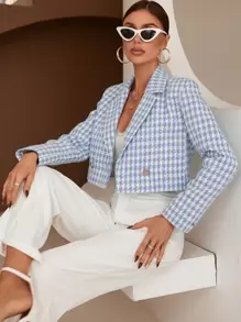 SHEIN Privé 千鳥格印花雙排釦西裝外套工作服