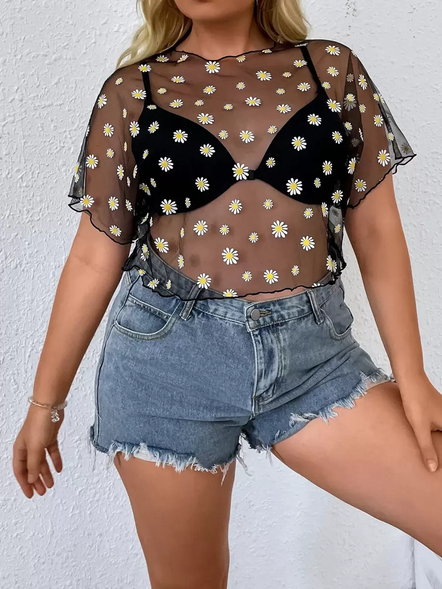 Dreamara Plus Daisy Print Sheer Top Without Bra - Multicolor - View 1