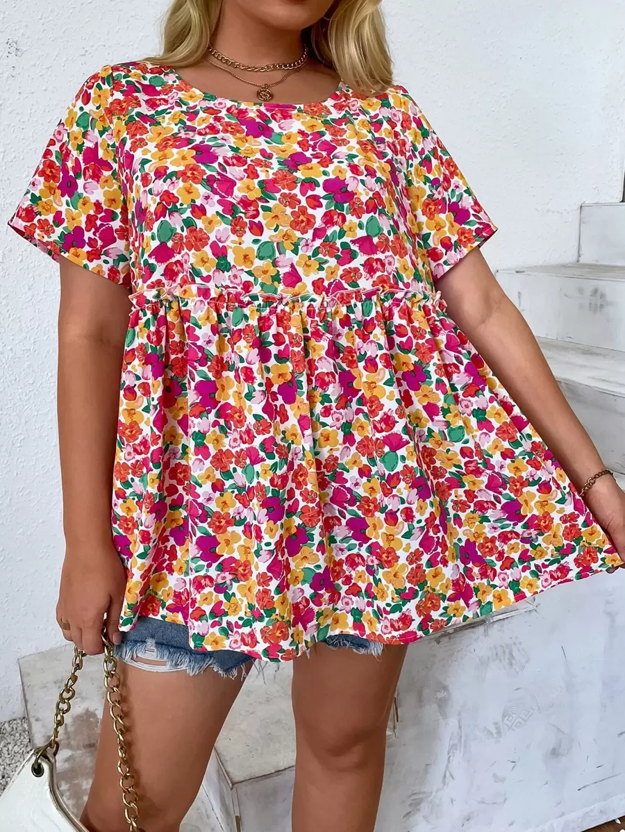 SHEIN VCAY Plus Allover Floral Print Ruffle Hem Blouse - Multicolor - View 1