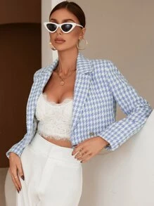 SHEIN Privé 千鳥格印花雙排釦西裝外套工作服