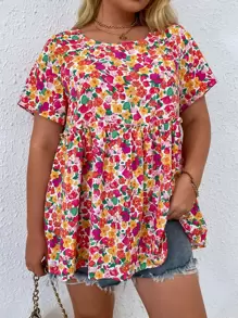 SHEIN VCAY Plus Allover Floral Print Ruffle Hem Blouse - Multicolor - View 5