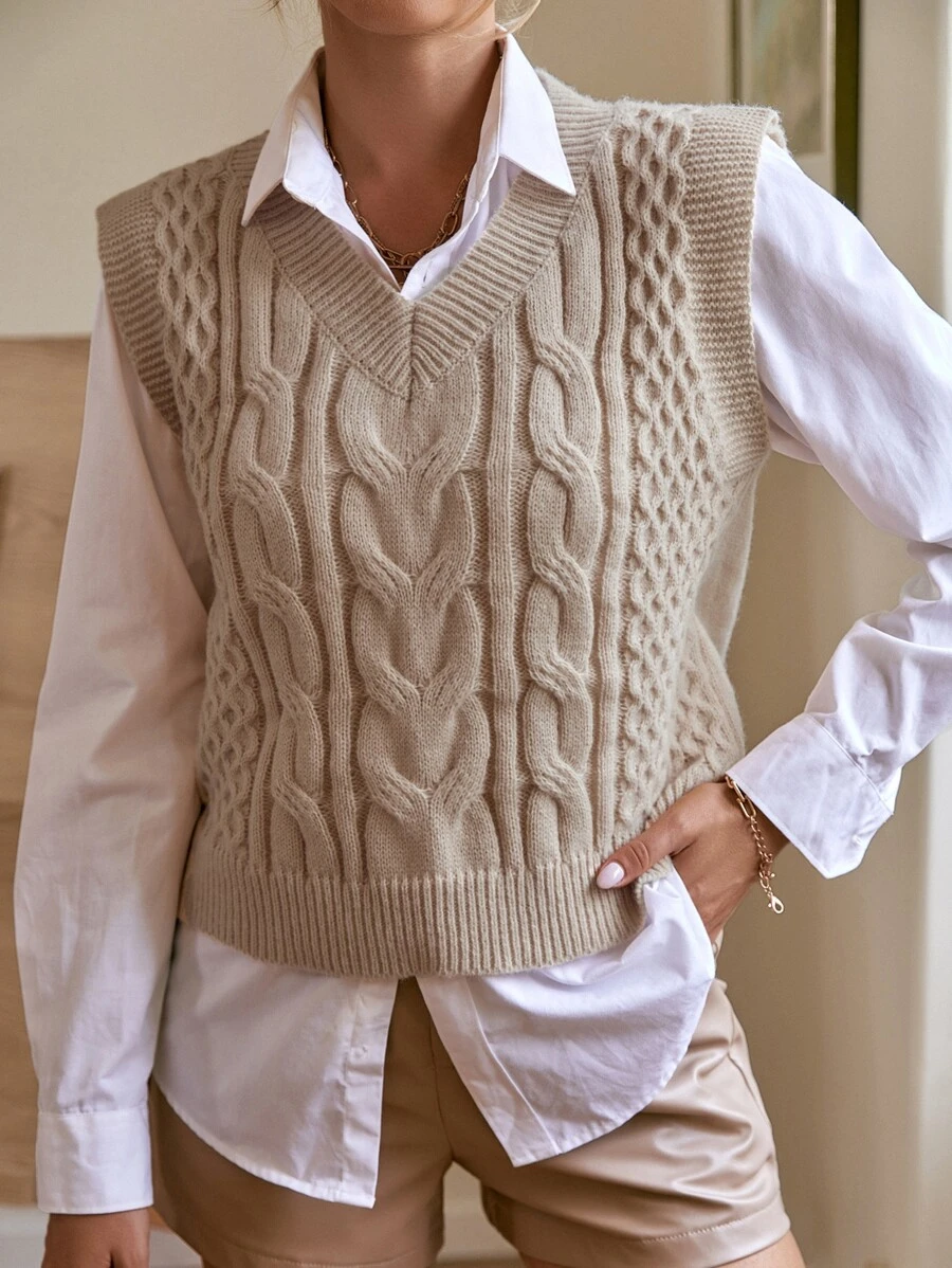 SHEIN Frenchy Cable Knit Sweater Vest Without Blouse Winter Casual - Khaki - View 1