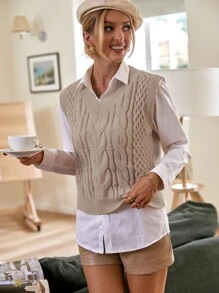 SHEIN Frenchy Cable Knit Sweater Vest Without Blouse Winter Casual - Khaki - View 4