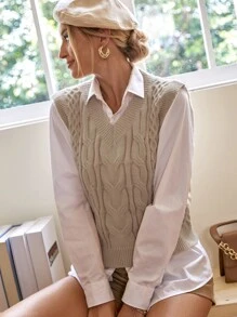 SHEIN Frenchy Cable Knit Sweater Vest Without Blouse Winter Casual - Khaki - View 5