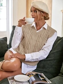 SHEIN Frenchy Cable Knit Sweater Vest Without Blouse Winter Casual - Khaki - View 6