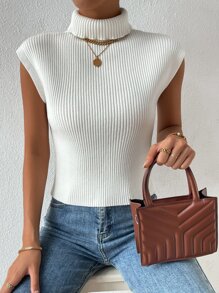 SHEIN EZwear Turtleneck Ribbed Knit Sweater Vest In Fall/Winter - White - View 6