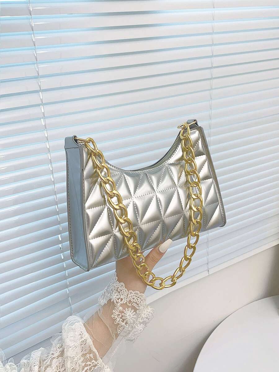 金屬質感衍縫鏈條人造漆皮法棍包 - 銀色 - 查看 1