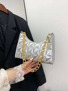 金屬質感衍縫鏈條人造漆皮法棍包 - 銀色 - 查看 2