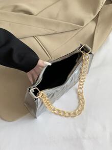 金屬質感衍縫鏈條人造漆皮法棍包 - 銀色 - 查看 5