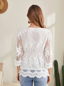 EMERY ROSE Embroidery Mesh Insert V Neck Blouse - White - View 2