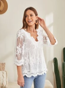 EMERY ROSE Embroidery Mesh Insert V Neck Blouse - White - View 4