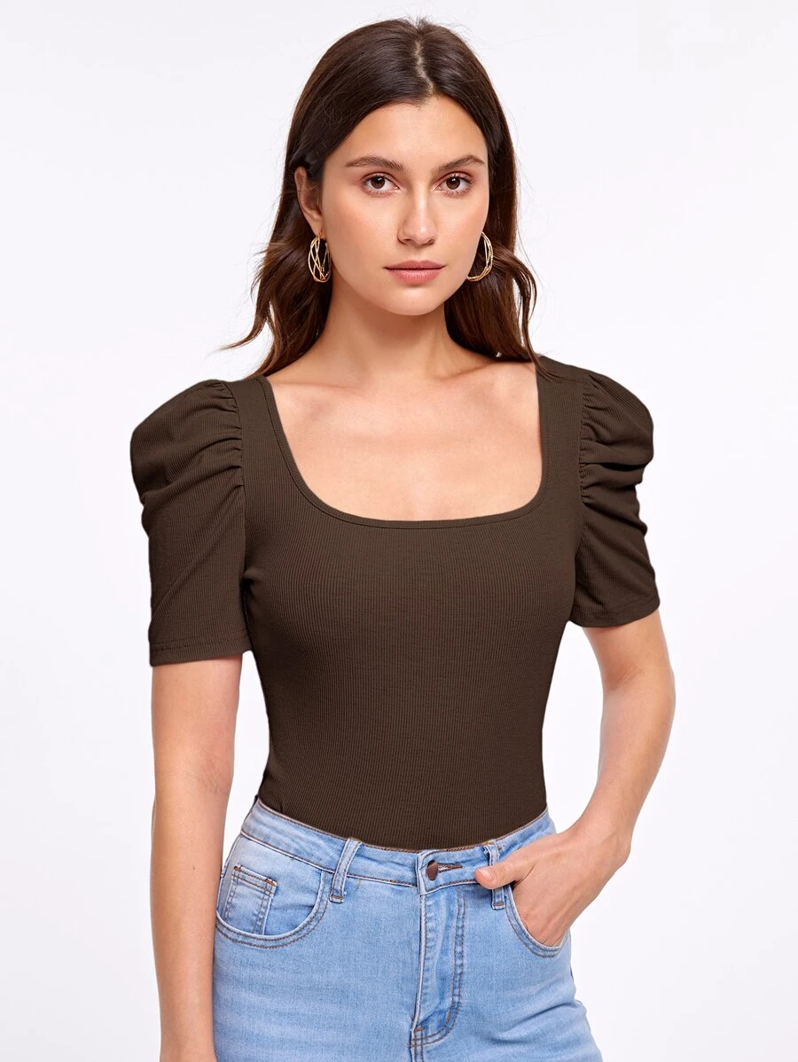 SHEIN Privé Áo thun nữ Gân đan màu trơn Giải trí - Màu nâu Sô-cô-la - Xem 1