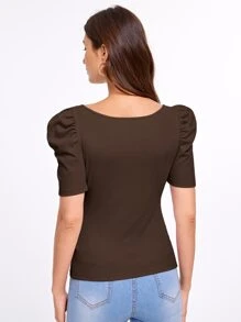 SHEIN Privé Áo thun nữ Gân đan màu trơn Giải trí - Màu nâu Sô-cô-la - Xem 2