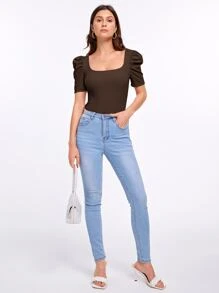 SHEIN Privé Áo thun nữ Gân đan màu trơn Giải trí - Màu nâu Sô-cô-la - Xem 3