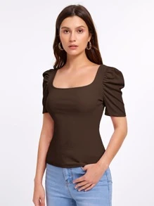 SHEIN Privé Áo thun nữ Gân đan màu trơn Giải trí - Màu nâu Sô-cô-la - Xem 4