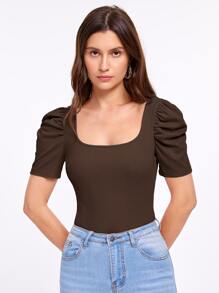 SHEIN Privé Áo thun nữ Gân đan màu trơn Giải trí - Màu nâu Sô-cô-la - Xem 5