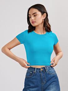 SHEIN EZwear 羅紋針織短版上衣 - 藍色 - 查看 1