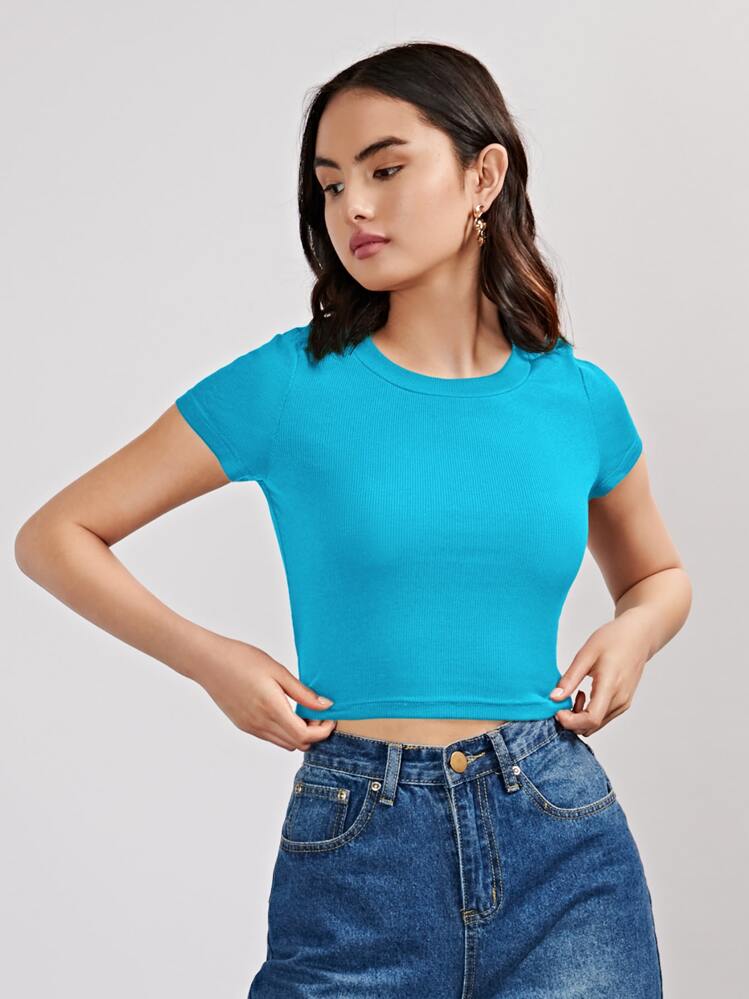 SHEIN EZwear 羅紋針織短版上衣 - 藍色 - 查看 1