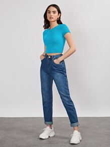 SHEIN EZwear 羅紋針織短版上衣 - 藍色 - 查看 4