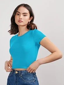 SHEIN EZwear 羅紋針織短版上衣 - 藍色 - 查看 5