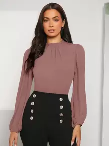 SHEIN Clasi Áo sơ mi nữ Nút viền lá sen màu trơn Thanh lịch - Bụi hồng - Xem 5