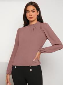 SHEIN Clasi Áo sơ mi nữ Nút viền lá sen màu trơn Thanh lịch - Bụi hồng - Xem 6