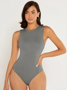 SHEIN BASICS Solid Round Neck Fitted Tank Bodysuit - Grey - View 6