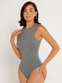 SHEIN BASICS Solid Round Neck Fitted Tank Bodysuit - Grey - View 5