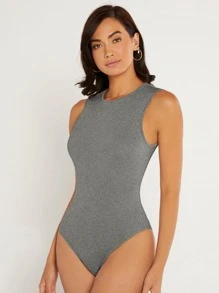 SHEIN BASICS Solid Round Neck Fitted Tank Bodysuit - Grey - View 7