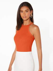 Muchica Áo hai dây Gân đan màu trơn Giải trí - trái cam - Xem 3