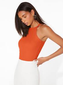 Muchica Áo hai dây Gân đan màu trơn Giải trí - trái cam - Xem 4