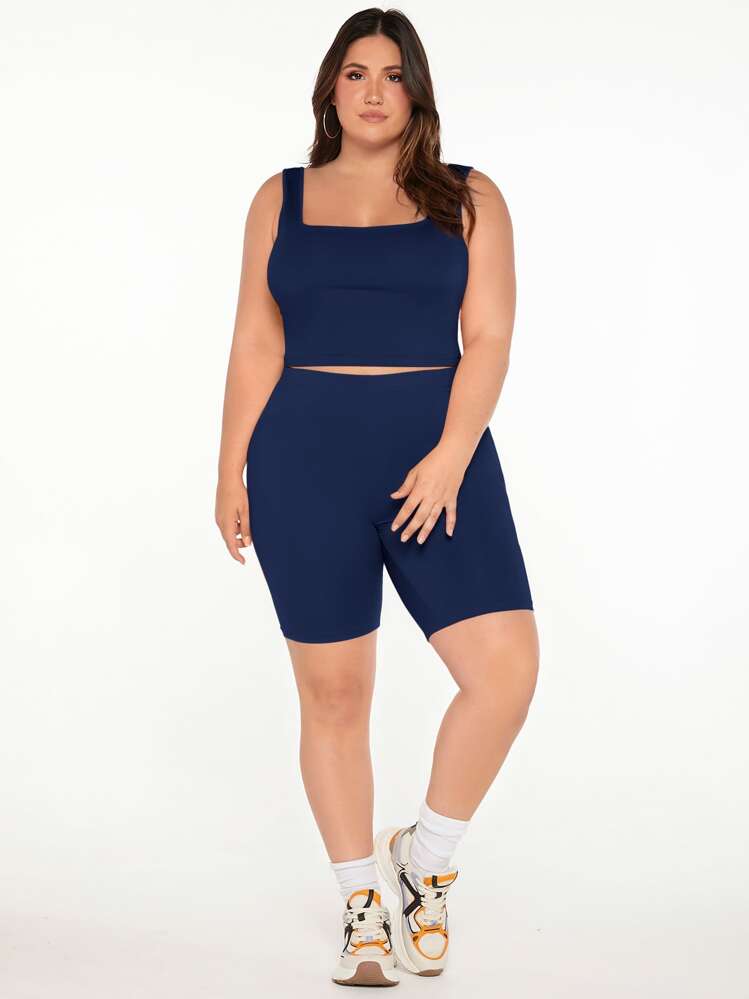 SHEIN BASICS Plus High Waist Biker Shorts - Navy Blue - View 4