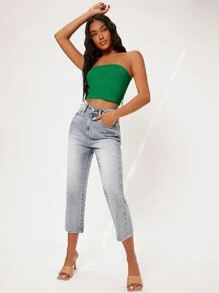 SHEIN BASICS 素色短款抹胸上衣 - 綠色 - 查看 6