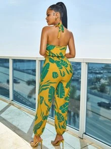 SHEIN Slayr 熱帶圖案繞頸連體褲 - 黃色 - 查看 2
