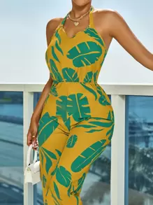 SHEIN Slayr 熱帶圖案繞頸連體褲 - 黃色 - 查看 4