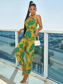 SHEIN Slayr 熱帶圖案繞頸連體褲 - 黃色 - 查看 5