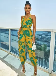 SHEIN Slayr 熱帶圖案繞頸連體褲 - 黃色 - 查看 6